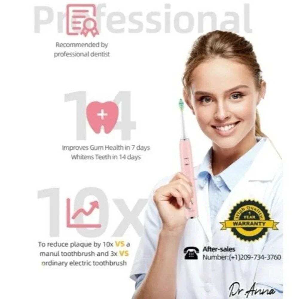 NEW 7AM2M Ultrasonic Electric Toothbrush Pink w/ 6 Brush Heads IPX7 Waterproof